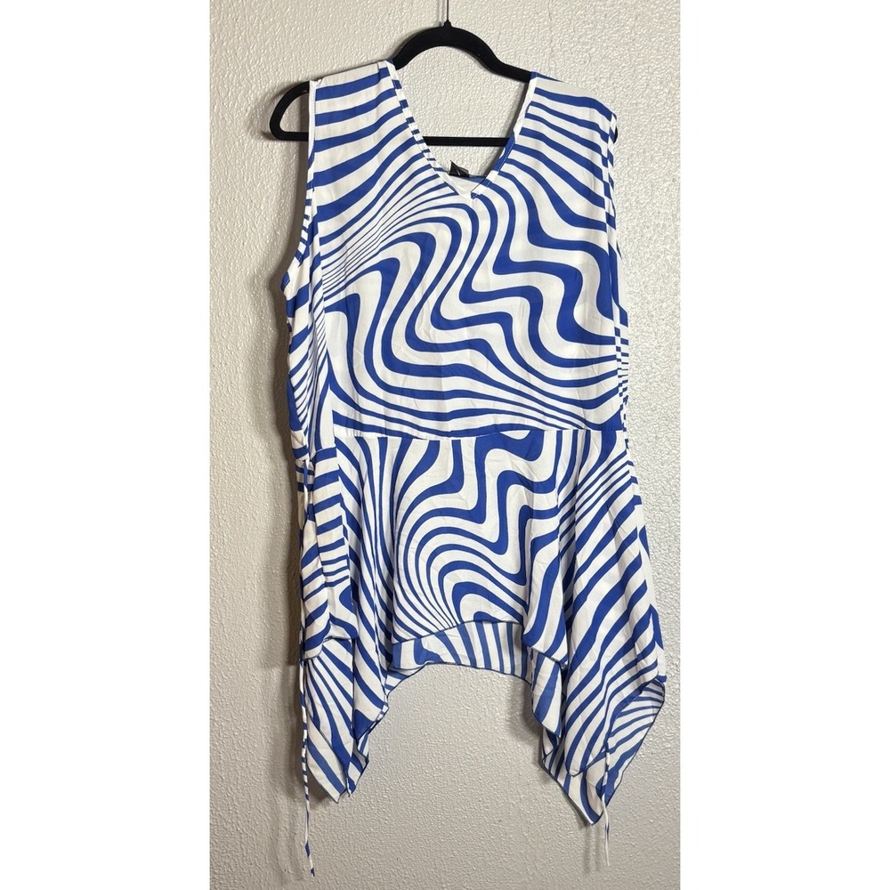 Ashley Stewart Plus 18/20 Blue White Abstract Round Neck Sleeveless Tunic Tank